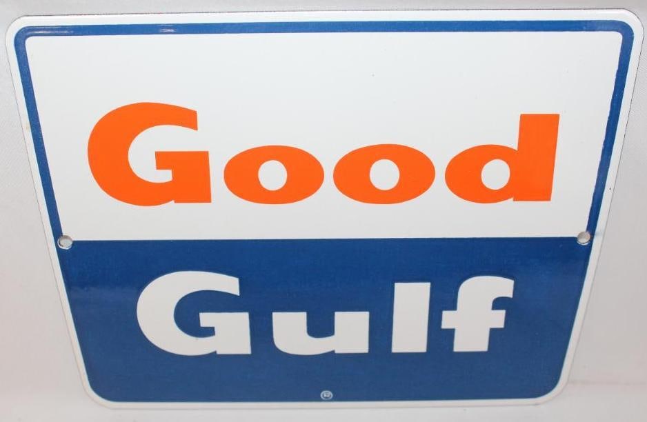 Good Gulf Porcelain Pump Plate Sign: This sign is in excellent overall condition with only minor wear. It measures 8.5" x 11.25" and is graded 9+.