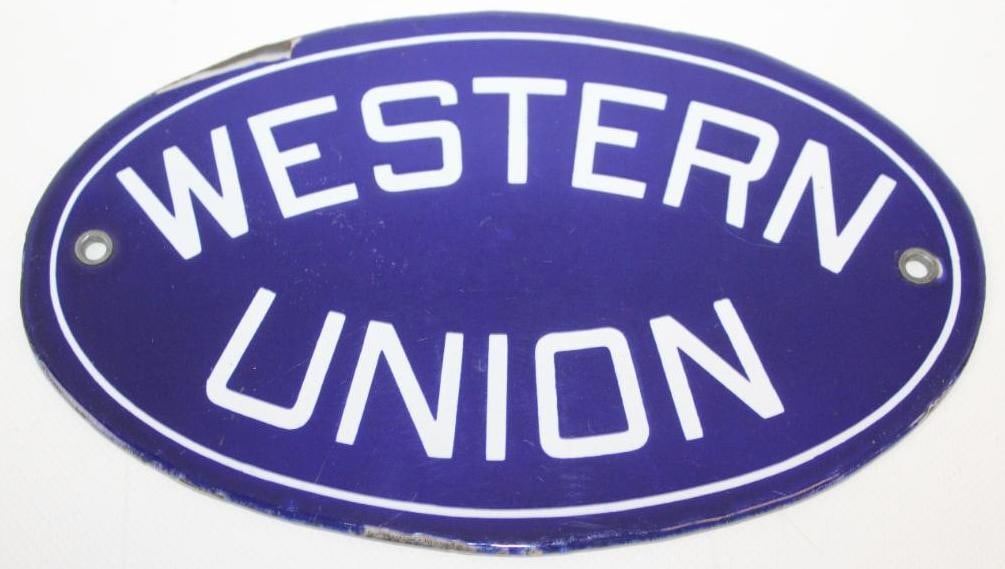 Western Union SSP Porcelain Sign: This sign has excellent color and gloss with only a couple small chips along the edge. This sign measures 8.5" x 5.5" and is graded a 9.