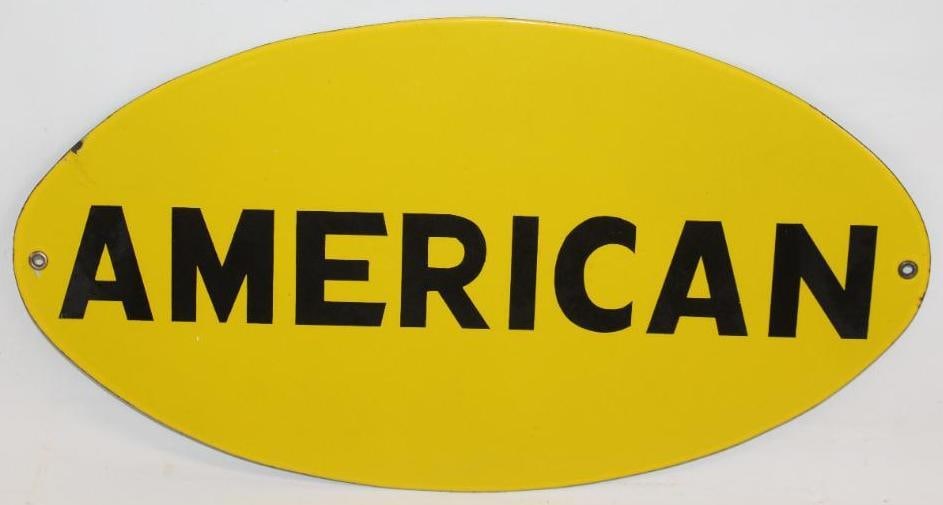 Porcelain American Oil Company SSP Sign: This sign is in good overall condition with only a couple small chips around the edges. The lettering has some slight discoloration. This sign measures 18.5" x 10" and is graded a 9.