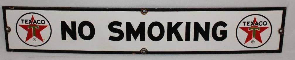 Texaco No Smoking SSP Porcelain Sign: This sign has good color and gloss throughout with just slight edge wear. It measures 4" x 23" and is graded a 9.