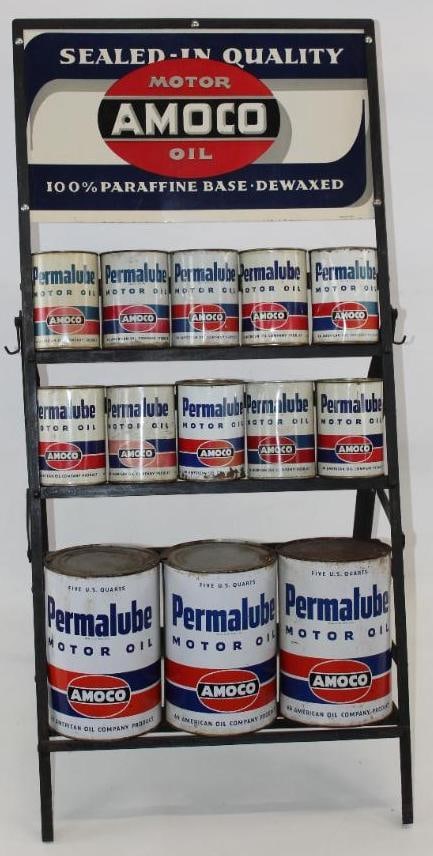 Amoco Motor Oil Display Rack with Amoco Permalube One Quart and Five Quart Metal Oil Cans (1 of 8)