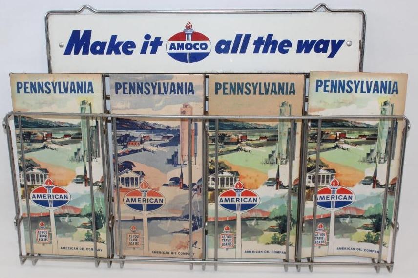 Amoco "Make It All The Way" Advertising Map Rack: This map rack has a single sided metal sign and includes four Pennsylvania maps. This rack measures 12" x 17.5" x 1.5" and is graded an 8.75.