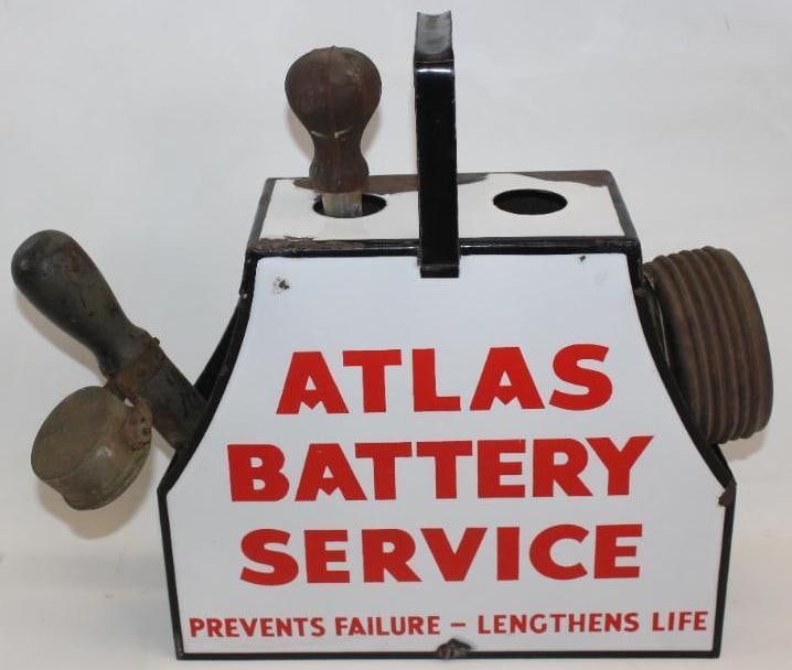 Porcelain Atlas Battery Service Kit: This service kit shows great color and gloss on both sides. There is only minor wear on each face. The top panel has heavy chipping. The kit also includes original service tools. It measures 14" x 15"