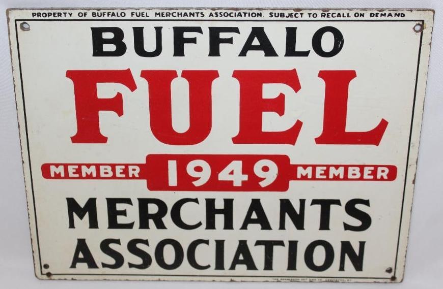 1949 Buffalo Fuel Merchants Association Sign: This is a masonite sign made by the Donaldson Art Sign Co. The field is very nice but does have some light wear along the perimeter. This sign measures 8.75" x 11.25" and is graded an 8.75.