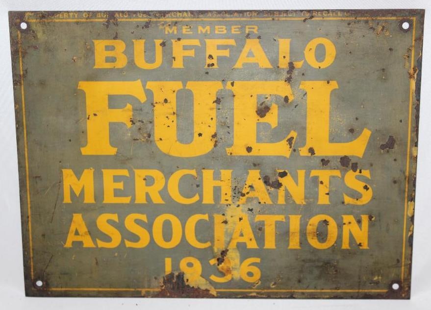 1936 Buffalo Fuel Merchants Association SST Sign: This sign shows rust staining and wear throughout. It measures 9" x 12" and is graded a 6.