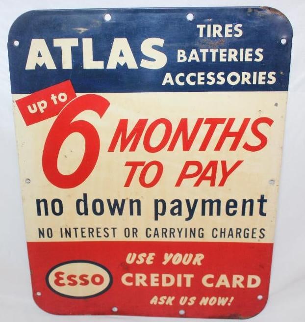 Atlas/Esso "Use Your Credit Card" SST Sign: This sign shows some areas of staining and discoloration to the white along with some edge wear. It measures 17.5" x 13.5" and is graded 7.75.