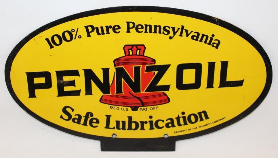 Pennzoil DSP Porcelain Oil Can Display Rack Topper Sign: This sign is marked C&P Signs LA. It has great color and gloss throughout with only minor surface scratches and wear. This sign measures 15" x 9.25" and is graded an 8.75 on each side.