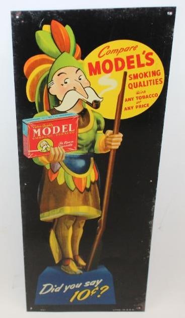 Model Smoking Tobacco SST Advertising Sign with 10? Pricer: This sign is marked 662 Litho in USA. It shows good color and gloss throughout. There is some rust staining and crazing along the perimeter. This sign measures 6" x 15" and is graded an 8.5.