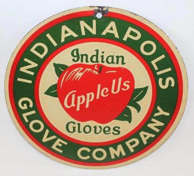 Indianapolis "Indian Apple Us" Glove Company DST Sign: This is a difficult to find double sided graphic tin sign. There is some slight discoloration to both sides. This sign measures 9" x 9" and is graded 8.5 on both sides.