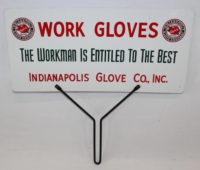 Indianapolis "Indian Apple Us" Work Gloves Advertising DST Rack Topper Sign: This sign is in excellent overall condition with only minor wear. The reverse side has only a few surface scratches. The overall measurements are 16" x 16" and is graded a 9 on the display and 8.5 on