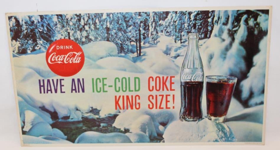 Drink Coca-Cola "Have An Ice-Cold Coke King Size!" Advertising Sign: This cardboard sign is marked Coca-Cola Canada. It is in good condition. There is a crease in the bottom right corner and some light wear throughout the field. This sign measures 36" x 20" and is grad