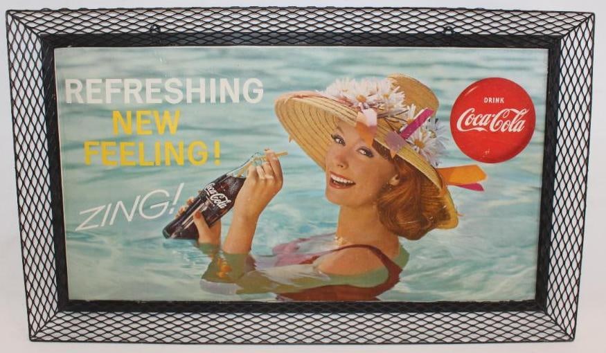 1962 Drink Coca-Cola "Refreshing New Feeling!" Advertising Sign with Mesh Metal Frame (1 of 9)