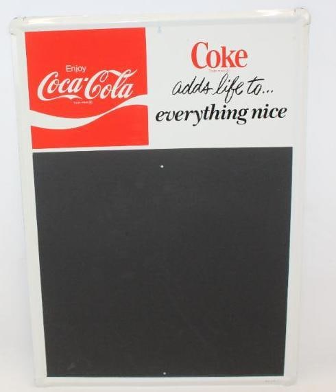 Enjoy Coca-Cola "Adds Life to Everything Nice" Self Framed Chalkboard SST Sign: This sign is marked MCA-715. It has good color and gloss with some surface wear throughout the chalkboard area. This sign measures 20" x 27.75" and is graded an 8.9.