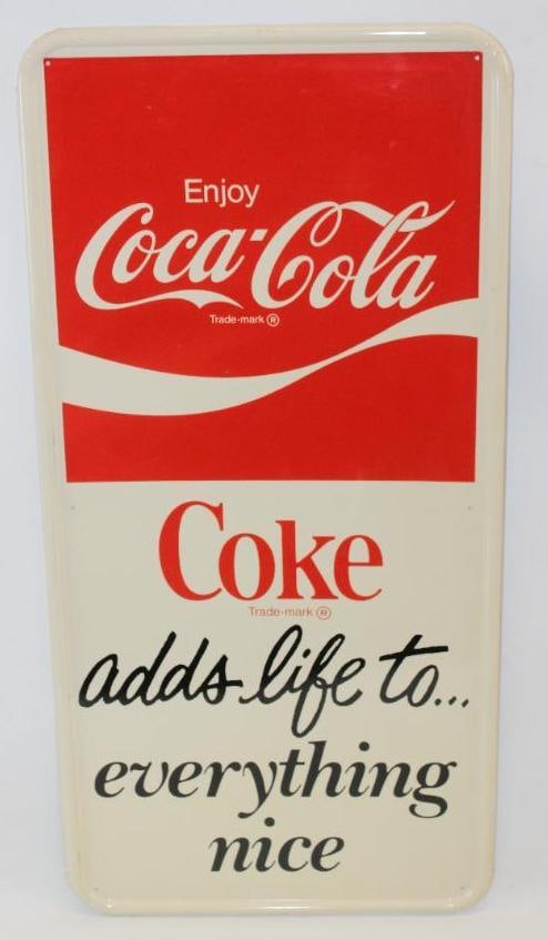 Enjoy Coca-Cola "Adds Life to Everything Nice" Self Framed Advertising SST Sign: This sign is marked MCA-204. It is in excellent overall condition with overall minor wear. This sign measures 17.5" x 35.5" and is graded a 9.