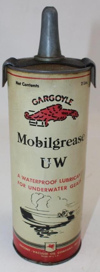 Socony-Vacuum Gargoyle Mobilgrease UW Outboard Two Pound Grease Can with Boat Graphics: This grease can shows some slight discoloration and has a minor dent on the display side. This can measures 3.25" x 3.25" x 11.5" and is graded an 8.25.