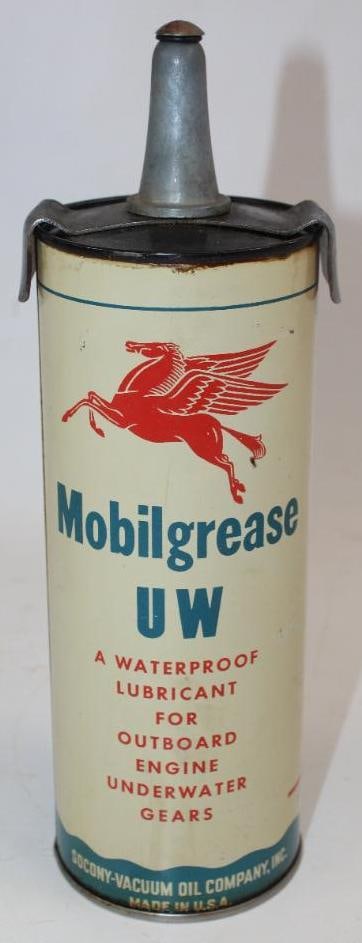 Socony-Vacuum Mobilgrease UW Pegasus Outboard Two Pound Grease Can: This can is in overall very good condition with just some minor wear and slight discoloration. This can measures 3.25" x 3.25" x 11.5" and is graded an 8.75.
