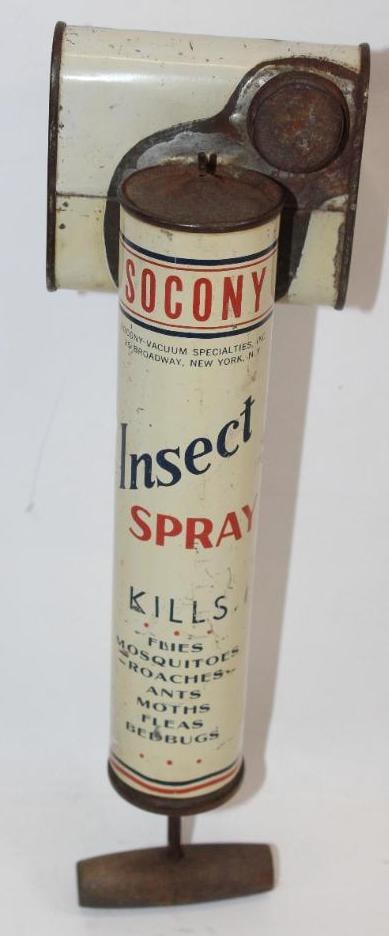 Socony-Vacuum Insect Spray Can: This can shows some light surface wear and scratches throughout but displays well. This can measures 12" x 3.5" x 4.5" and is graded an 8.25.
