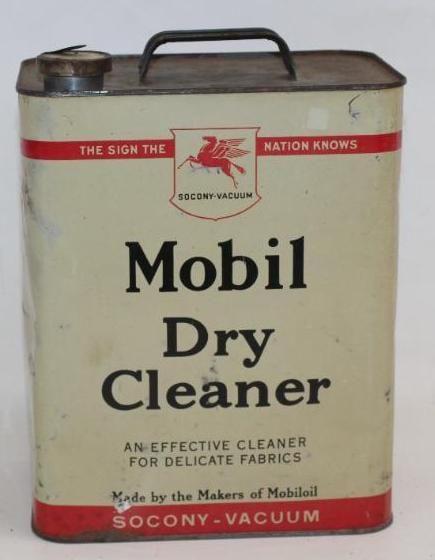 Socony-Vacuum Mobil Dry Cleaner Two Gallon Oil Can: This can is in good condition with some slight discoloration. There is also some slight fading and rust staining on the sides and reverse. This can measures 8.5" x 5.5" x 11" and is graded an 8.25.