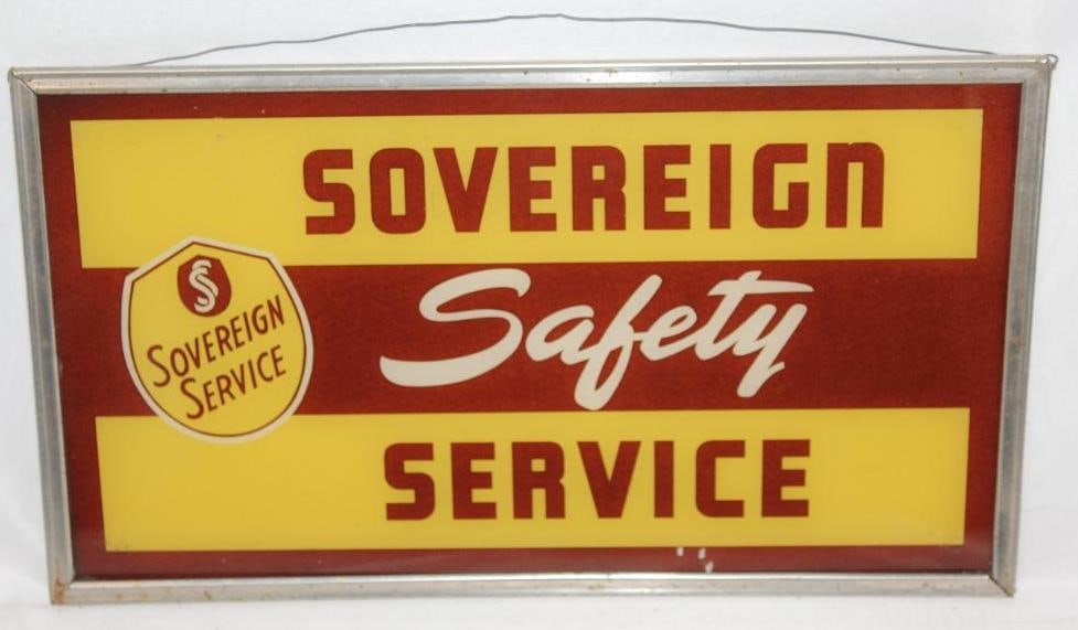 Sovereign Service Safety Framed Glass Sign: This is a unique reverse painted glass framed sign. It is in very good condition with only some minor wear. This sign measures 14" x 8" and is graded an 8.75.
