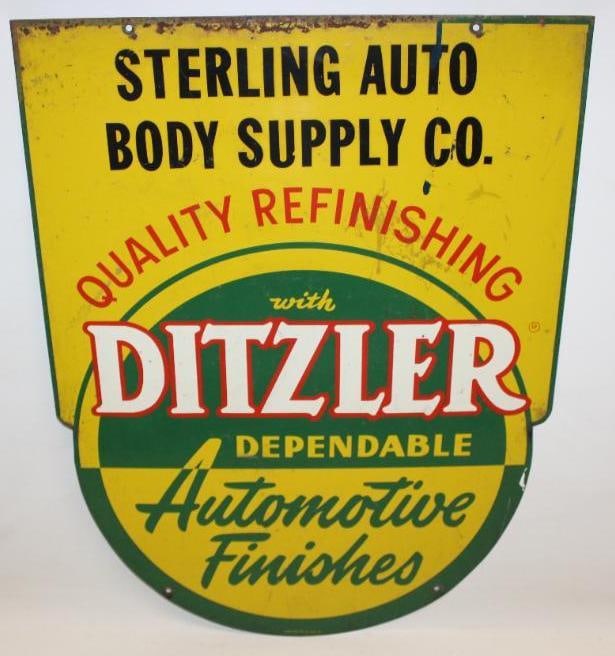 Sterling Auto Body Supply with Ditzler Dependable DST Advertising Sign: This sign is marked Stout Sign Co. It shows some crazing throughout the field. There are also areas of scratching and surface wear throughout. There is some rust staining and paint loss around the top