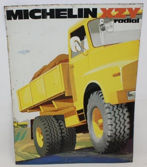 Michelin XZY Radial Commercial Truck Tires Graphic SST Advertising Sign: This sign has light surface scratches and wear throughout. There is also some rust staining along the perimeter. The sign measures 31.5" x 23.5" and is graded an 8.
