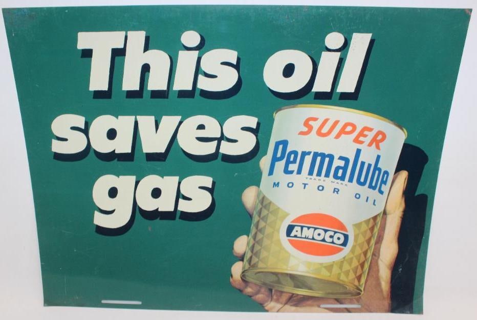 Amoco Permalube and PurOLator Oil Filter DST Sign: This sign shows some slight crazing to the paint as well as some minor discoloration. It measures 24" x 31.5" and is graded an 8.75 and an 8.5 on the reverse.