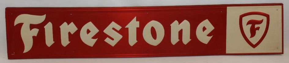 Firestone Tires Embossed Metal Advertising Sign: This sign is marked A 303 7. There is some discoloration to the red with some light scratches to the field. This sign measures 71.25" x 13.5" and is graded an 8.