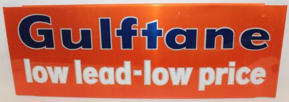 Gulftane Double Sided Gas Station Sign: This is a double sided aluminum sign in very nice condition with very minor wear. This sign measures 13" x 36" and is graded an 8.9 on both sides.