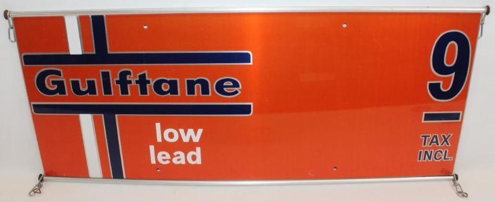 Gulftane Double Sided Gas Station Pricer Sign: This is a double sided aluminum sign with great color and gloss. There is only light wear on the display side and only light surface scratches on the reverse. This sign measures 38" x 16" and is grade