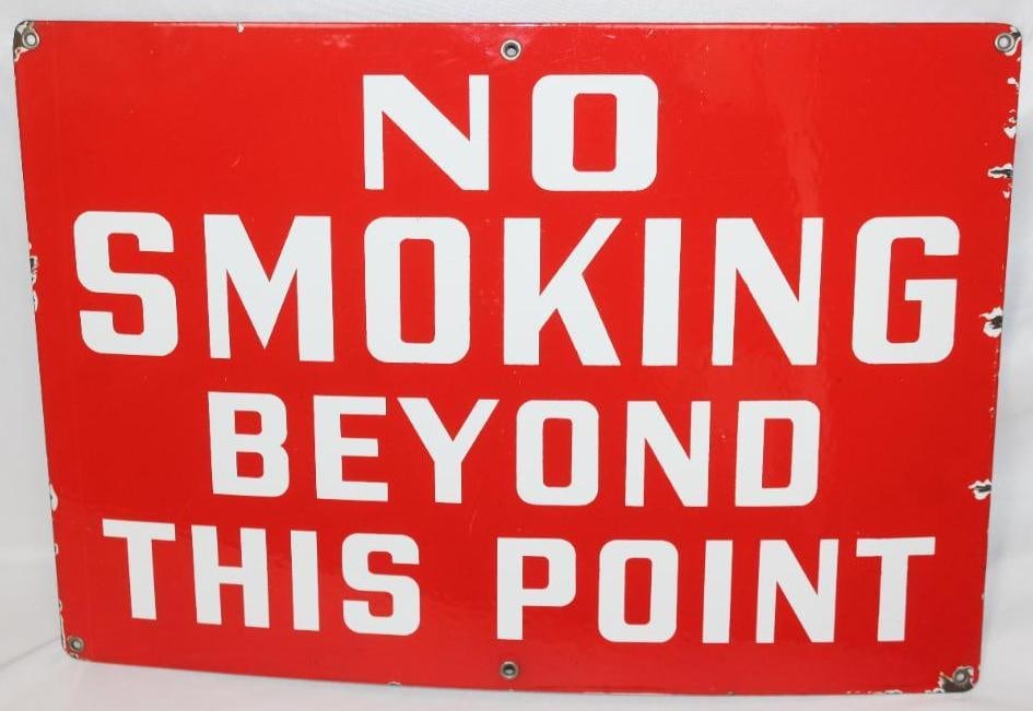 Porcelain No Smoking Beyond This Point SSP Sign: This sign has great color and gloss throughout with some minor chips along the perimeter. This sign measures 14" x 20" and is graded an 8.75.