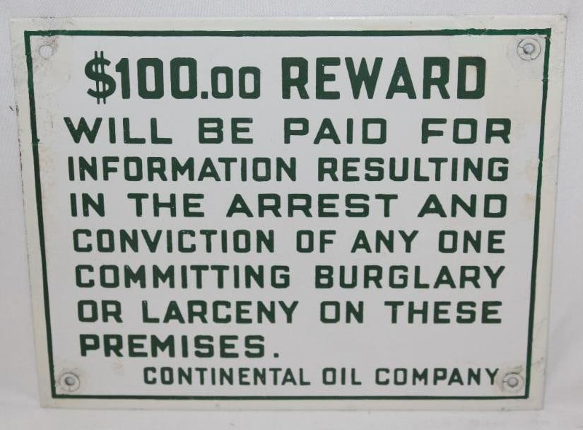 Conoco Continental Oil Company Porcelain Reward Sign: This sign has some touched up chips along the perimeter and at the mounting holes. It measures 8" x 10" and is graded an 8.
