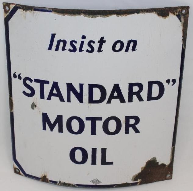 Insist on Standard Motor Oil Curved SSP Porcelain Gas Pump Sign: This sign has good color and gloss with a couple of small chips in the field. There is some heavier wear around the perimeter. This sign measures 12" x 10.5" and is graded an 8.