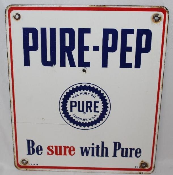 Pure-Pep Porcelain Pump Plate Sign: This sign is marked IR 48. There is a small chip to the field and has some staining around the outer edges. This sign measures 10" x 12" and is graded an 8.25.