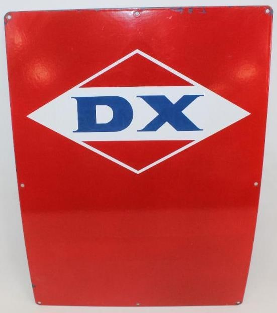 DX SSP Porcelain Gas Pump Sign: This sign is in very good overall condition with only minor wear. It measures 26" x 18.5" and is graded an 8.9.