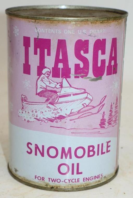Itasca Snow Mobile One Quart Metal Oil Can: Empty. 4" x 4" x 5.5"