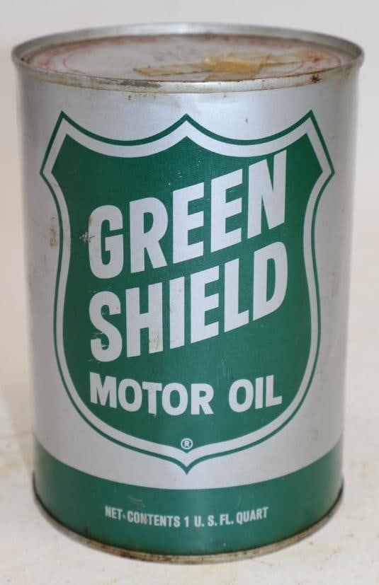 Green Shield One Quart Metal Oil Can: Empty. 4" x 4" x 5.5"