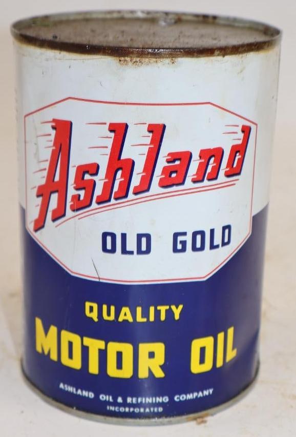 Ashland Old Gold One Quart Metal Oil Can: Empty. 4" x 4" x 5.5"