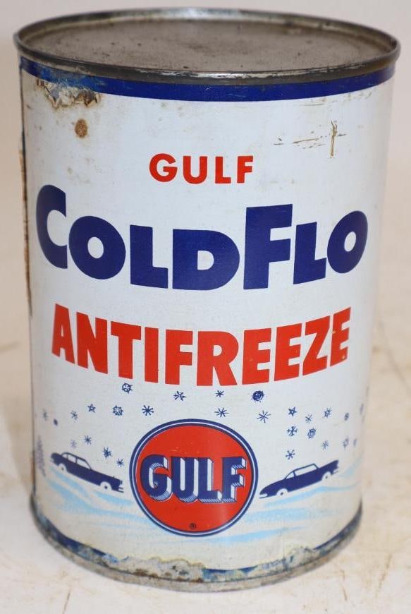 Gulf Coldflo Anti Freeze One Quart Metal Oil Can with Car Scene: Empty. 4" x 4" x 5.5"