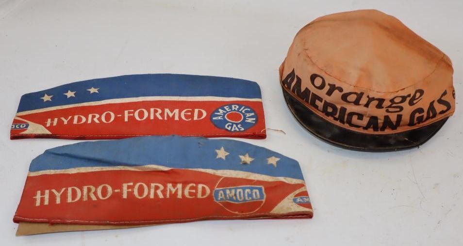 Group of 3 Amoco & American Gas Grease Monkey & Gas Station Hats: Largest is 11" x 5"