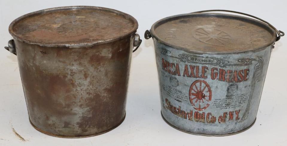 Group of 2 Standard Oil of New York and Indiana Ten Pound Mica Axle Grease Cans: 9" x 9" x 6.75" each
