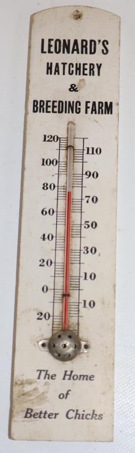 Leonard's Hatchery and Breeding Farm Wooden Advertising Thermometer: Therm is working. 2" x 10"