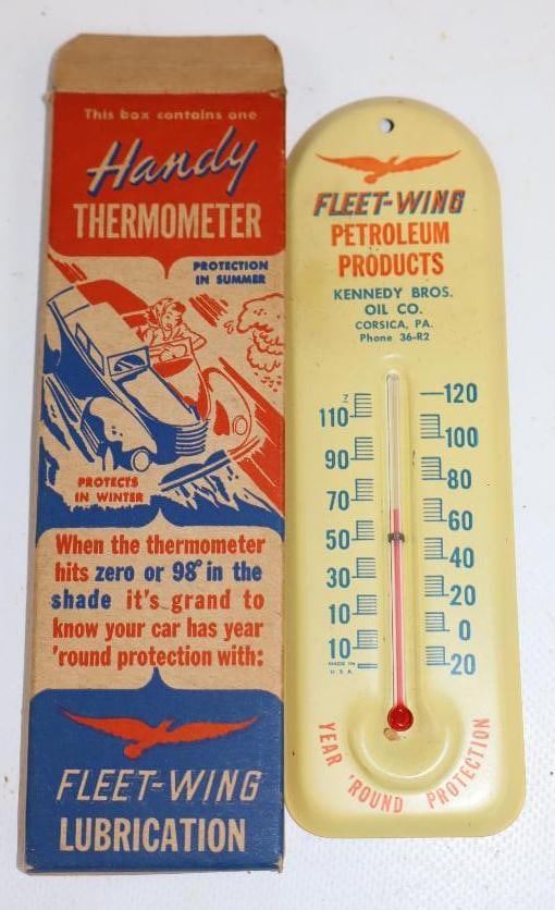 Fleetwing Advertising Metal Thermometer in Original Box: 2" x 6.25"