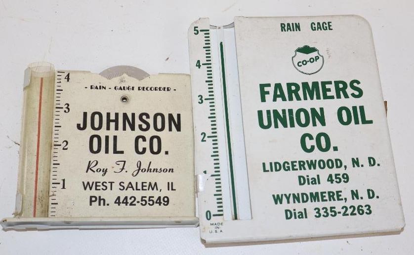 Group of 2 Johnson Oil & Farmers Union Advertising Rain Gauges: Largest is 5" x 6" x 1" Farmers is missing glass tube