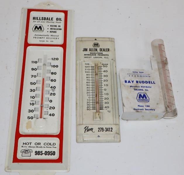 Group of 3 Marathon Advertising Thermometers & Rain Gauge: Largest is 3.5" x 12.5"