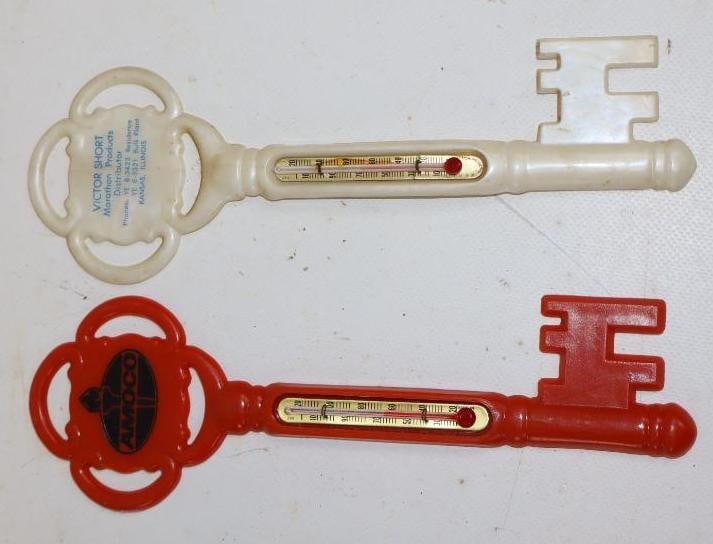 Group of 2 Amoco & Marathon Plastic Key Shaped Advertising Thermometers: 3" x 8.5" each