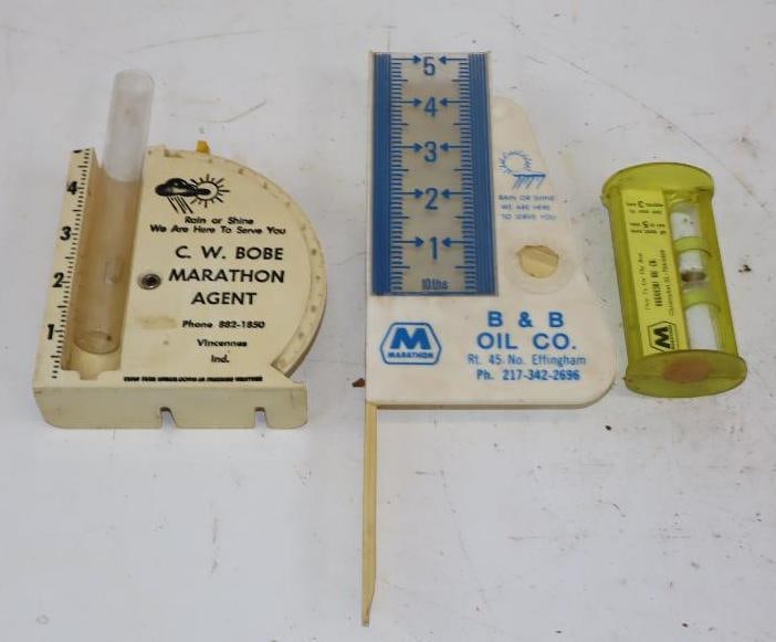 Group of 3 Marathon Oil Advertising Rain Gauges & Hourglass: Largest is 4" x 11" x 1.25"`