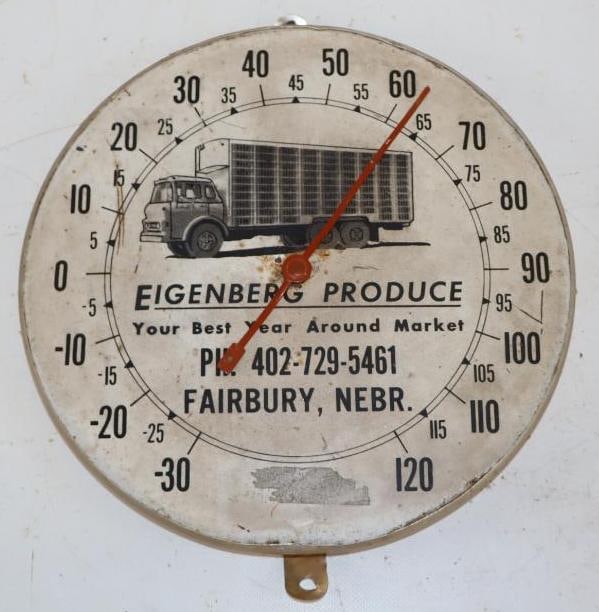 Eigenberg Produce Advertising Thermometer Fairbury Nebraska: 10" x 10" x 1" is missing glass