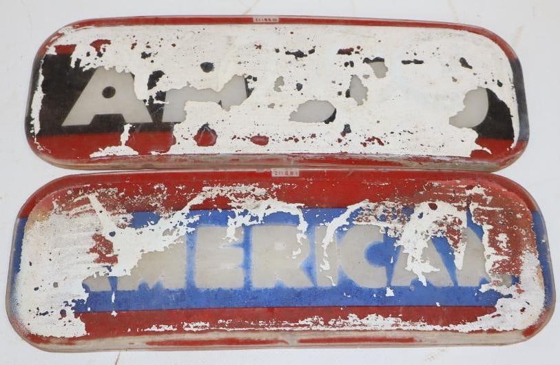 Group of 2 American & Amoco Gas Pump Advertising Curved Ad Glass: 10" x 3.5" each