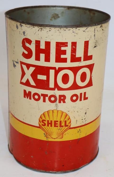 Shell X-100 Five Quart Metal Oil Can: Missing top lid. Empty. 6.5" x 6.5" x 9.5"