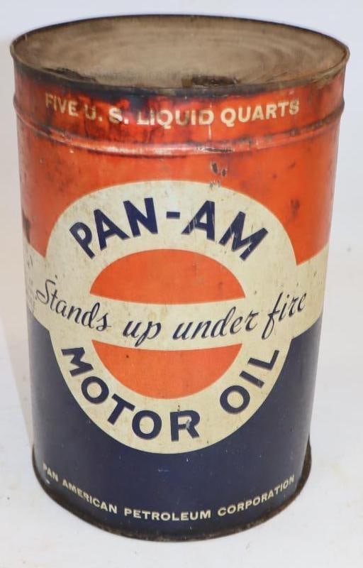 Pan-Am "Stands Up Under Fire" Five Quart Metal Oil Can: Empty. 6.5" x 6.5" x 9.5"